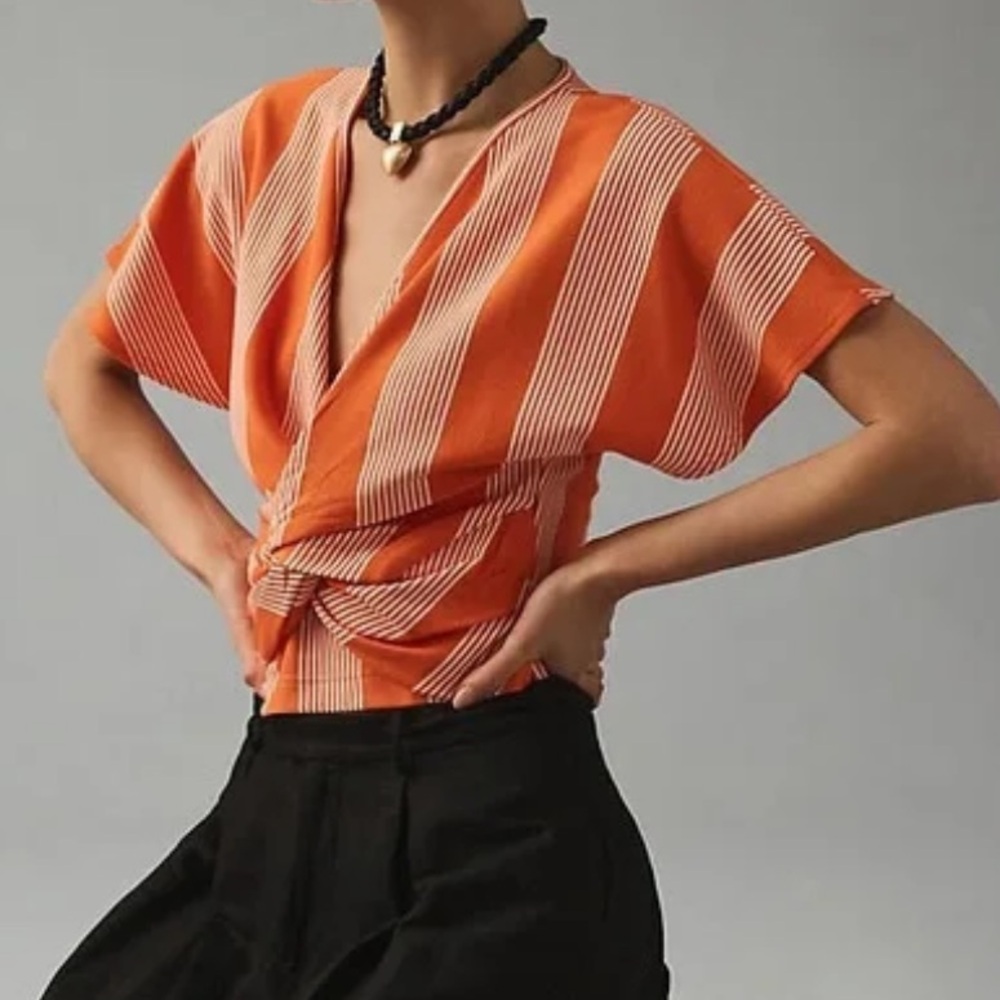 Bishop + Young Knot Front Twist Orange Striped Top